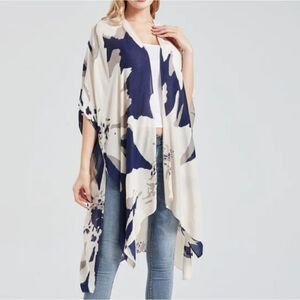 Women's White Navy Blue Casual Print Short Sleeve swim Cardigan kaftan c…